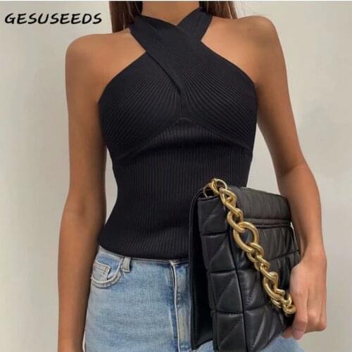2021 Summer tank top women sexy off shoulder tops sleeveless knitted crop top fashion halter neck tops black white tank top cute