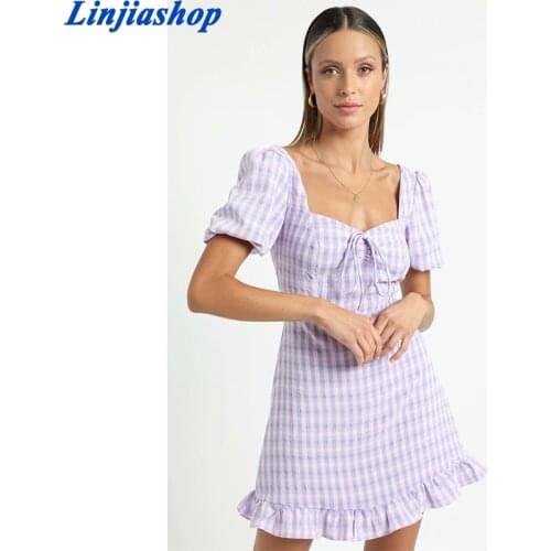 Spring summer women mini dress purple green bandage bow plaid short dresses elastic with ruffles femme vestidos