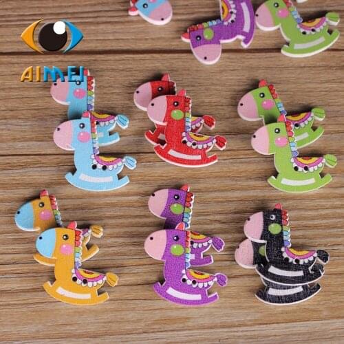 50pcs/lot Colorful Cartoon Small Horse Painting Wooden Buttons For DIY Decorative Accosserioes For Clothes Wooden Button