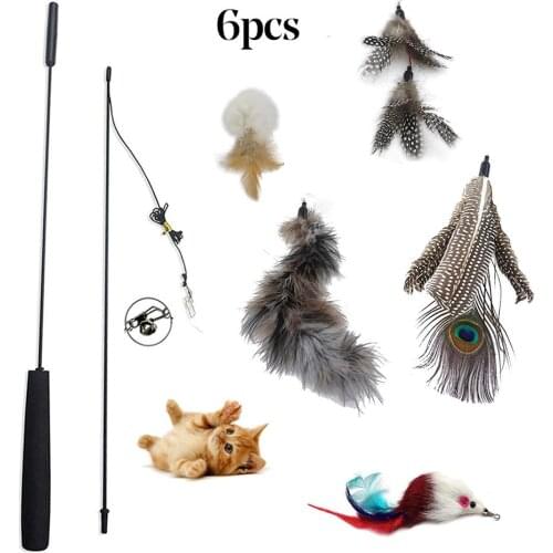 6Pcs Pet Cat Kitten Teaser Feather Bell Mouse Replacement Head Funny Play Toy
