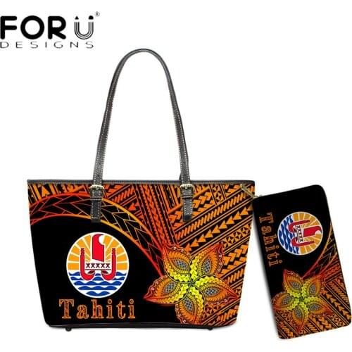 FORUDESIGNS Brand Designer Female Totes Bags 2pcs Set Tahiti Polynesian Flower Printing Women Casual Party Shoulder Bolsa Wallet