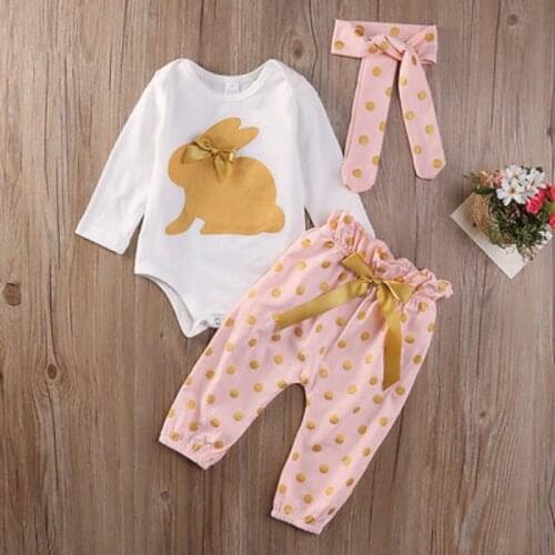 3Pcs Cute Newborn Infant Baby Girl Clothes Set Long Sleeve Cartoon Rabbit Romper and Bow Long Pants Baby Outfits Set