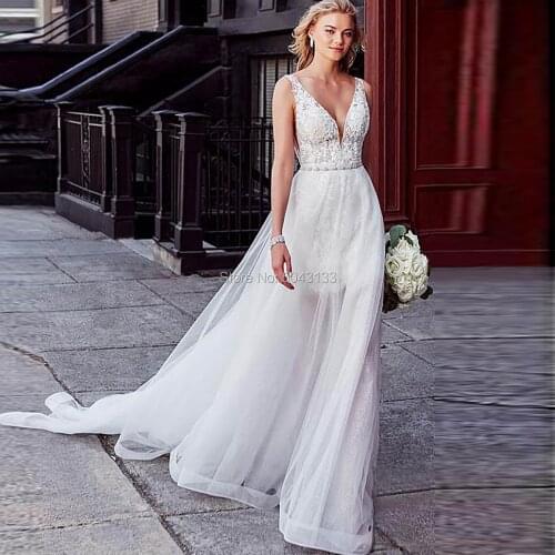 Lace V Neck Wedding Dresses with Detachable Skirt 2021Two Piece A Line Wedding Bridal Gown Beading Sash Vestido De Festa
