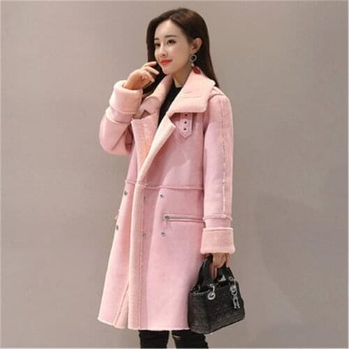 2019 New Women suede fur winter jacket fashion zipper pocket thick artificial sheepskin long coat coat womens warm windbreaker