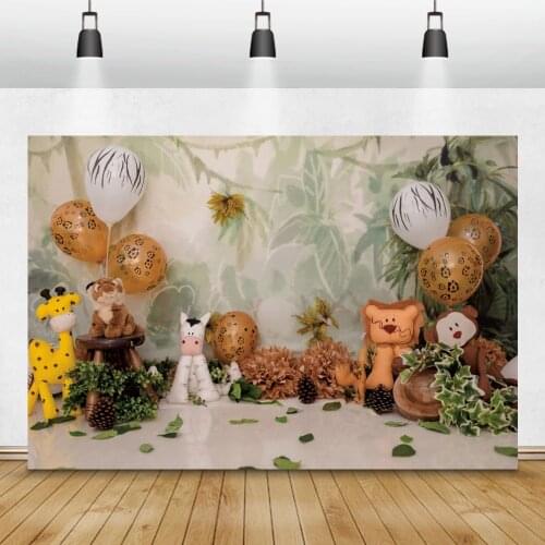 Laeacco Birthday Photography Backdrops Jungle Grass Leaves Animals Balloons Newborn Party Photo Backgrounds For Photo Studio