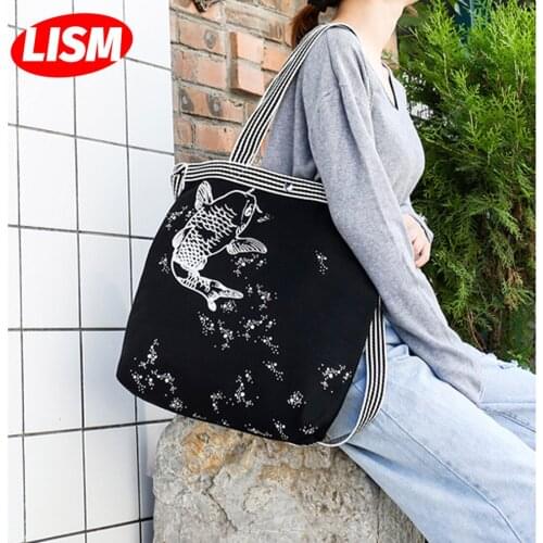LISM Large Capacity Shoulder Canvas Bags Womens New Retro Ethnic Style Printed Handbags Wild Fashion Shoulder Messenger Bag
