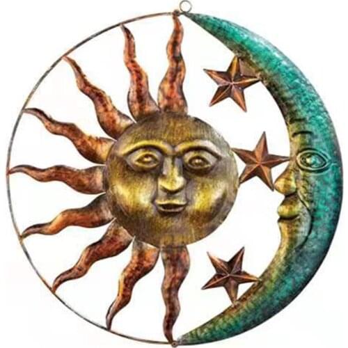 Wrought Iron Sun Moon Metal Art Hanging Pendant Background Wall Living Room Decor Vintage Ornament for Indoor Outdoor Home Decor