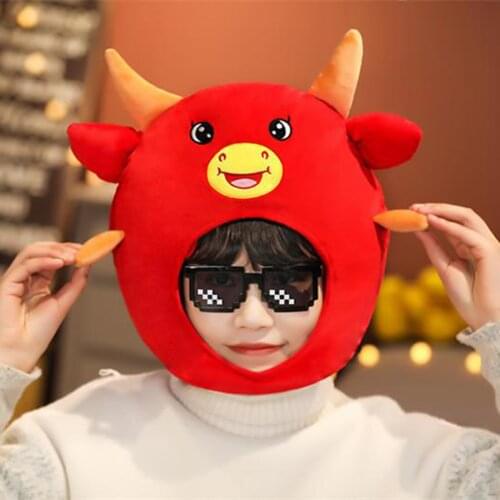 Cute Ox Hat Plush Toys 2021 Cartoon Animal Cow Hat Creative New Year Gift Costume Novelty Hat Photo Props For Adult Children
