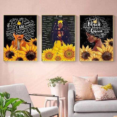 Fashion Black Girl Canvas Wall Art Print Shiny Woman Sunflower Painting Feminist Decoration Picture Home Design Art Decor Art