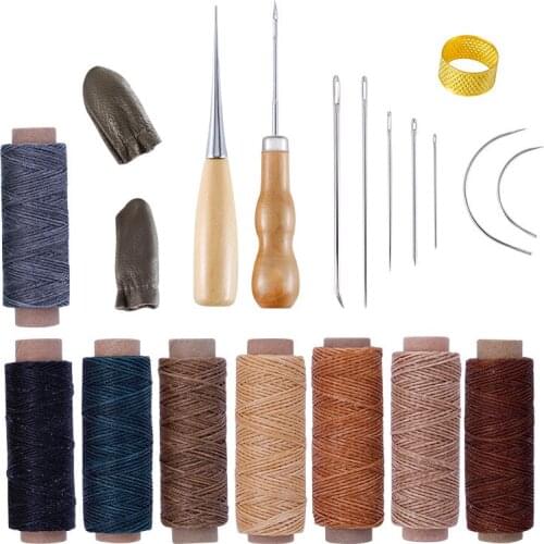 Leather Sewing Kit with Waxed Thread Leather Needle Sewing Awl Thimble Leather Working Tools for Shoemaker Canvas Repair 1set