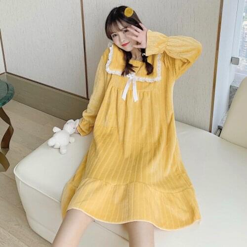 Coral Fleece Nightdress Women Lace Robe Nightgown Thicken Warm Sleepwear Winter New Soft Sleep Gown Casual Home Clothing