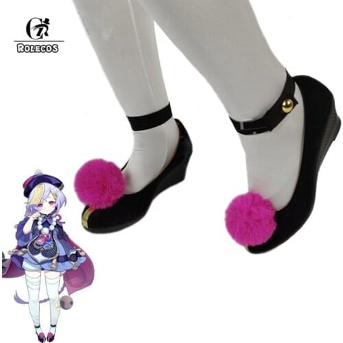 ROLECOS Genshin Impact Qiqi Cosplay Shoes Game Genshin Impact Qiqi Cosplay Shoes Women Hairball Black Boots Shoes High Heels