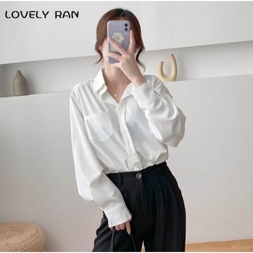 Korean Long Sleeve Solid Women Blouses 2021 Female Summer Turn-down Collar Pocket Blouse Ladies Fashion Vintage All-match Tops