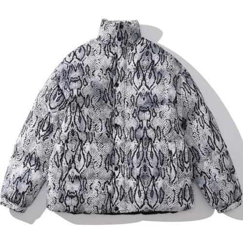 Winter Thick Snakeskin Print Mens Parka Jacket Casual Loose Zipper Coat Fashion Hip-hop Streetwear Oversize Puffer Jacket