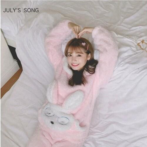 JULYS SONG Autumn Winter Pajamas Women Pajama Sets Flannel Pink Rabit Cartoon Thick Warm Women Sleepwear Cute Animal Homewear