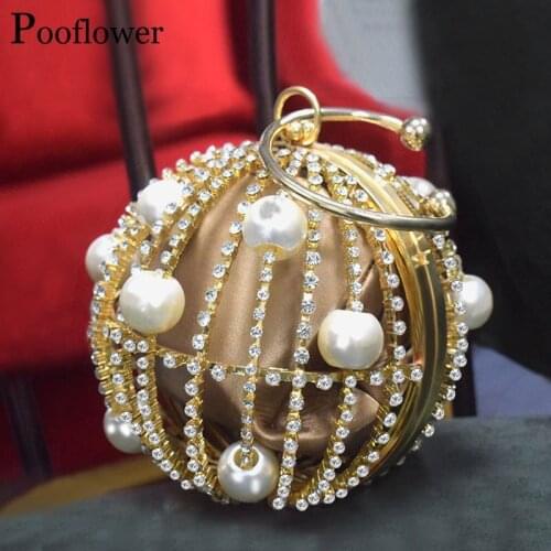 Pooflower Dold Ball Hollow Out Evening Bags Women Designer Pearl Beaded Diamond Wedding Party Clutch Purse Crystal Handbag ZH257