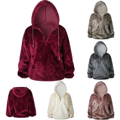 Casual Women Autumn Solid Color Long Sleeve Zipper Warm Plushy Loose Hoodie