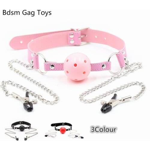 Slave Bdsm Bondage Leather Harness Strap of Oral Fixation Stuffed Open Mouth Gag Ball with Nipple Clamp Sex Toy for Couple Flirt