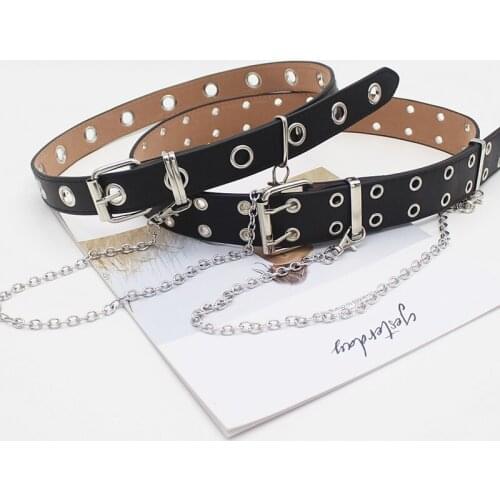 Women Belts Ladies Silver Chain PU Waist belt Girls Korean Fashion Air hole Hip hop Punk Designer belt