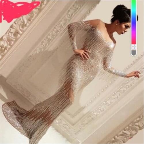 Luxury Beads Mermaid Silver Prom Dresses 2020 Sexy Long Sleeve Evening Party Gowns With Tassel Robe de soiree
