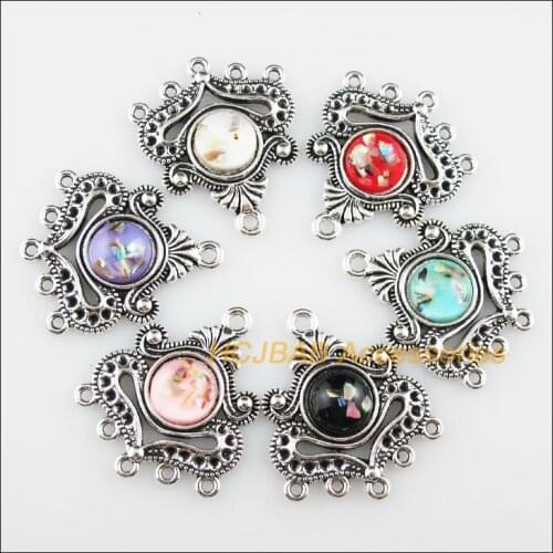 6 New Heart Flower Resin Connectors Shivering Mixed Charms Tibetan Silver 26x31mm