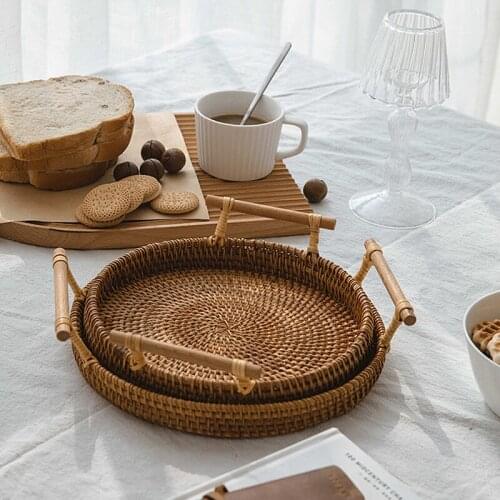 Rattan Dessert Plate Round Serving Tray With Handle Coffee Bread Plates Desserts Food Platter Home Table Decor