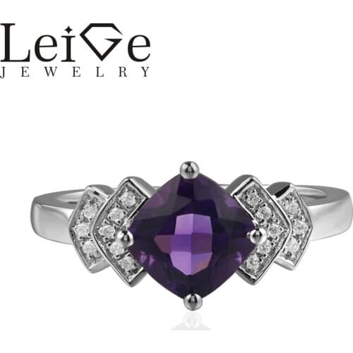Leige Jewelry Real Amethyst Rings Cushion Cut Engagement Rings For Woman February Birthstone 925 sterling silver
