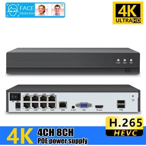 Face detection H.265 8ch*4K 4ch/8ch PoE Network Video Recorder Surveillance PoE NVR 4/8Channel For HD 8MP 5MP IP Camera ONVIF