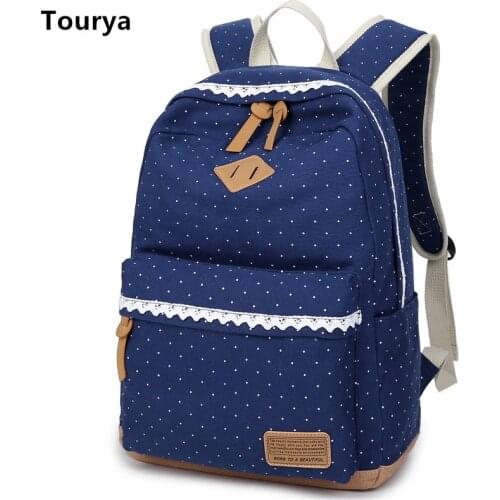 Tourya Vintage Canvas Women Backpack Cute School Bags For Teenagers Girls Dot Printing Female Schoolbag Laptop Bagpack Mochila