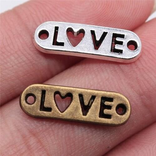 WYSIWYG 20pcs Charms Love Connector 20x6mm Antique Pendant Fit Vintage Tibetan Bronze Silver Color DIY Handmade Jewelry