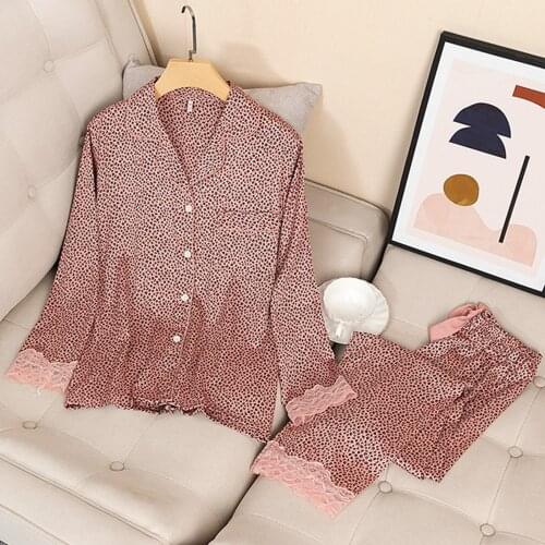 Fdfklak Leopard Print Silk Pajamas Set Women 2021 New Spring Summer Long-Sleeved Two-Piece Set Sleepwear Home Service