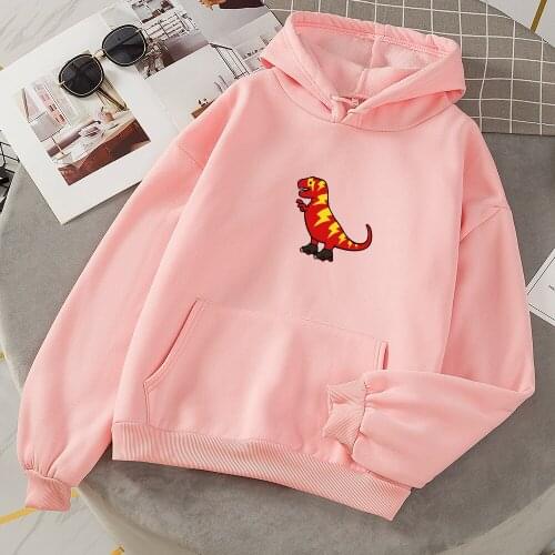 Women Autumn Thick Loose Sweatshirt Harajuku Kawaii Dinosaur Printed Hoodie Casual Hooded Hoodies Kangaroo Pocket Pullover Top