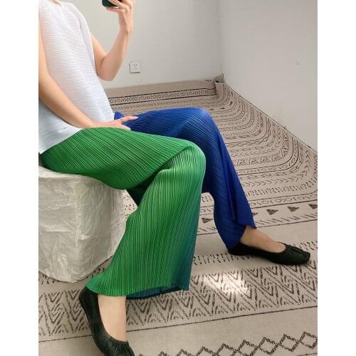 Miyake classic pleated wide leg pants women high waist 2021 summer fashion gradient casual straight pants