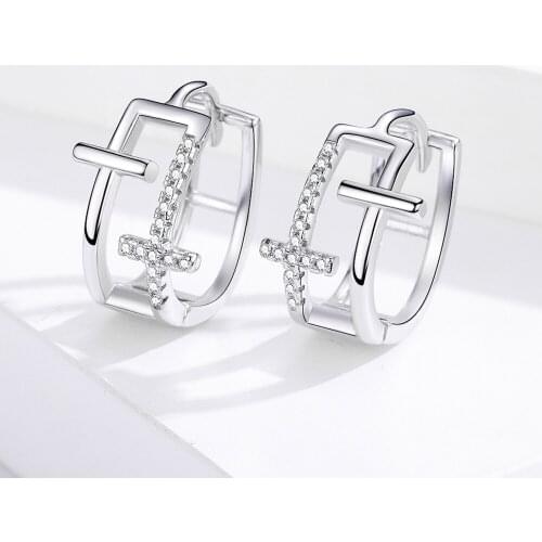 DE127 Silver Hoop Earrings for Women Cross 925 Sterling Silver AAA CZ Hoops Female Mode Bijoux Brincos