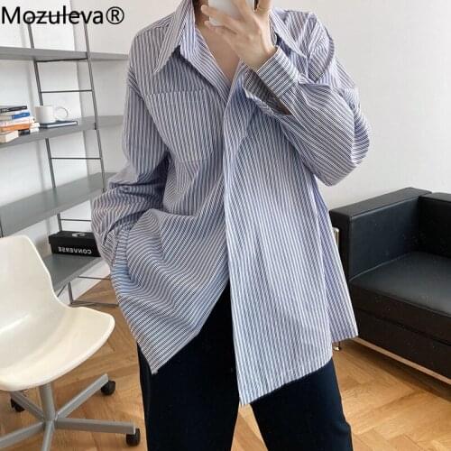 Mozuleva 2021 Women Autumn Loose Striped Blouse Shirts Casual Office Lady Oversized Hollow Out Lace Up Single Button Long Tops