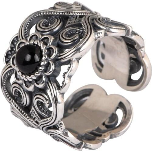 National standard S925 silver retro Thai silver inlaid agate open ring male and female hollow pattern