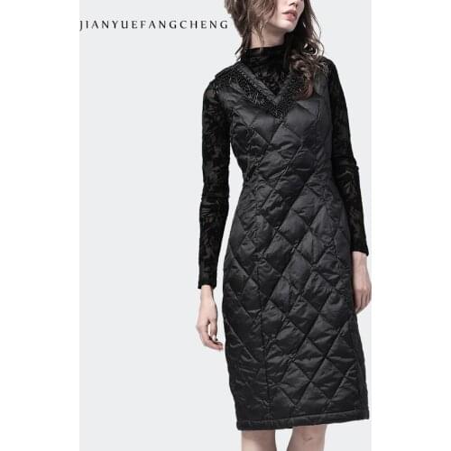 Winter Duck Down Dress For Women Thickened Sleeveless V-Neck Vest Dresses Knee-Length Black Warm Bottoming Dresses