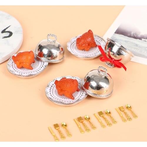 1 Set Dollhouse Miniature European tray + round cover + Turkey Christmas set Dollhouse Miniature Accessories