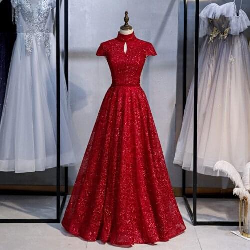 2021 New Arrival High Neck Sweep Train Shiny Bridal Gown 100% Real Cap Sleeve Lace Up Back Embroidery A-Line Wedding Dress