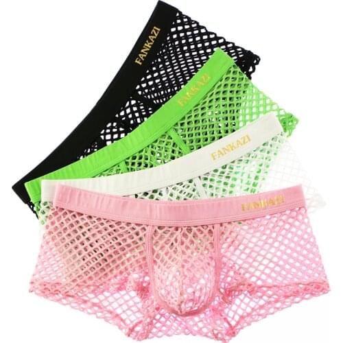 4Pcs/pack Mens Sexy Underwear Fishnet Transparent Boxer Shorts Mens Sexy Mesh Underpants Breathable Boxershorts ropa interior