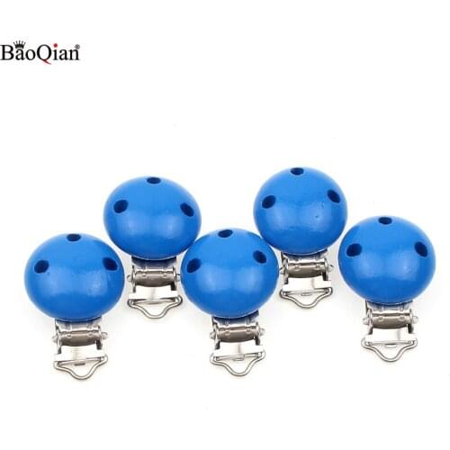 5Pcs Blue Wooden Metal Baby Dummy Pacifier Clips Holders Round Clasps Suspender Garment Accessories Plastic Insert 29x45mm