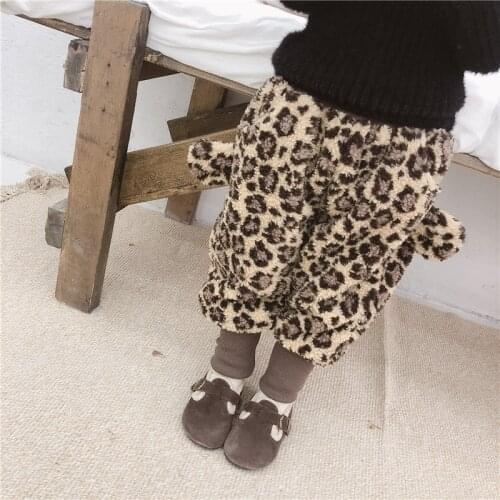 Girls' trousers 2019 winter new childrens pants plus velvet calf pants girls cartoon leopard harem pants kids casual trousers
