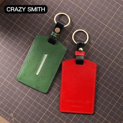 Crazy Smith Handmade Car Key Cover for Tesla Model m3 Vegetable Tanned Leather High Quality Craftsmanship Fathers Day Gift Red