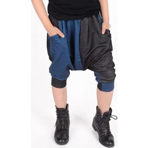 2017 NEW Spring Autumn kids Costumes boys Girls Black Blue Trousers Loose geometry Pockets Patchwork harem Hip hop dance pants