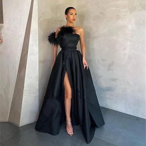 Elegant Black Satin Evening Dress 2021 Long Prom Gowns With Pockets Feather High Side Slit Formal Party Cocktail dress