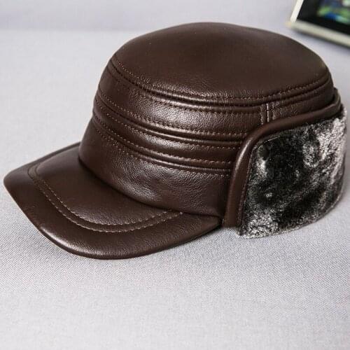 Brown Black Cowhide casquette Hat For Men Flat Thick Furry Berets Winter Outdoor Earflap Navy Cap Male Genuine Leather Men Hats