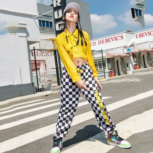 Children Jazz Dance Costume Hip Hop Kids Loose Performance Suit Autumn Long Sleeve Shirt Hip-Hop Dancing Plaid Pants VDB2707