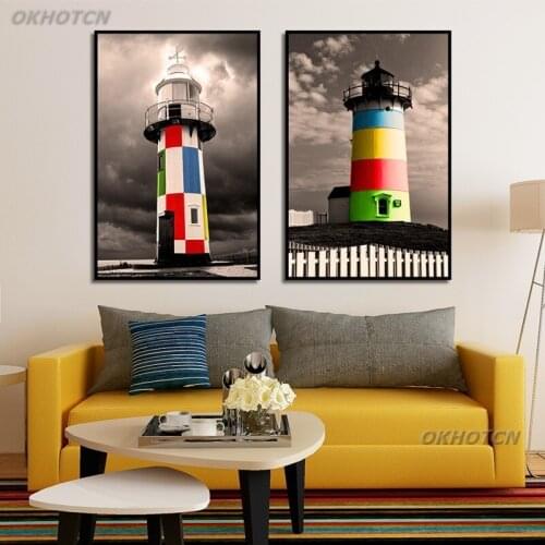 Colorful Lighthouse Black And White Sky Landscape Canvas Painting Art Poster For Living Room Home Decor Wall Decorative Picture