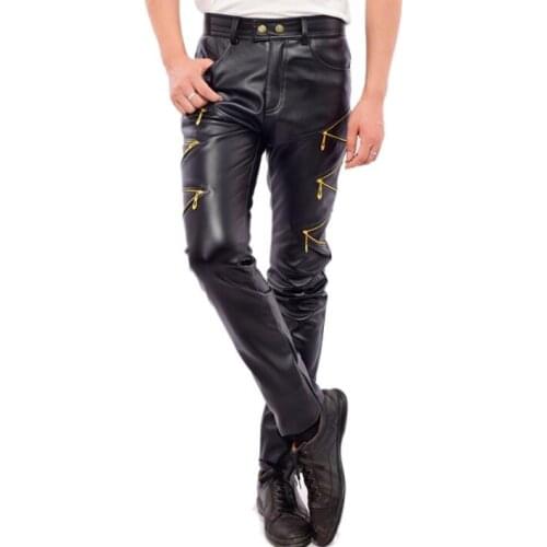 Zipper personality fashion motorcycle faux leather pants mens feet pants Plus velvet pu trousers for men pantalon homme black