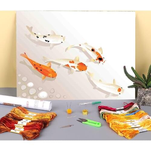 Animal Carp Printed Fabric 11CT Cross-Stitch Kit Embroidery DMC Threads Craft Needlework Knitting Sewing Jewelry Room Stamped